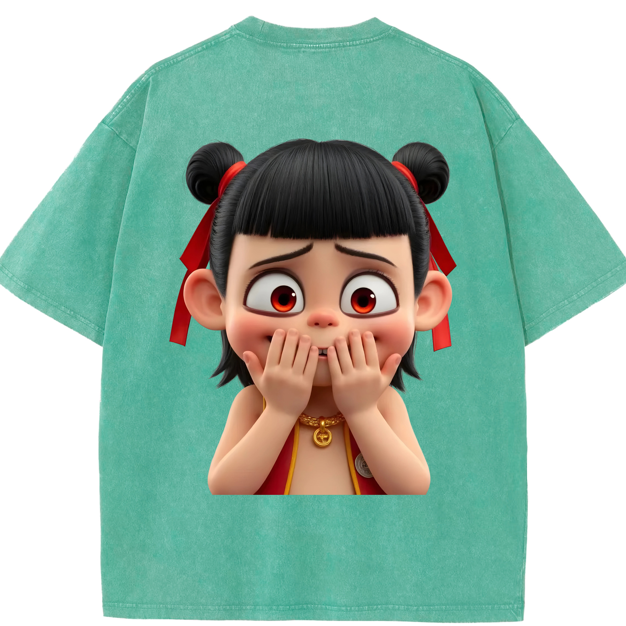 （画像用） Ne Zha 2 ナタ 魔童の大暴れ 綿100% ヴィンテージ風 半袖Tシャツ（背面プリント）